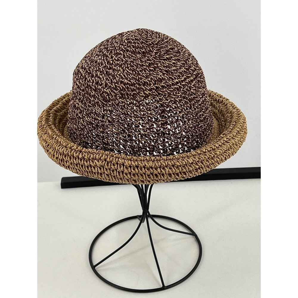 Brown Tan Woven Straw Cloche Sun Hat Two Tone Rounded Crown